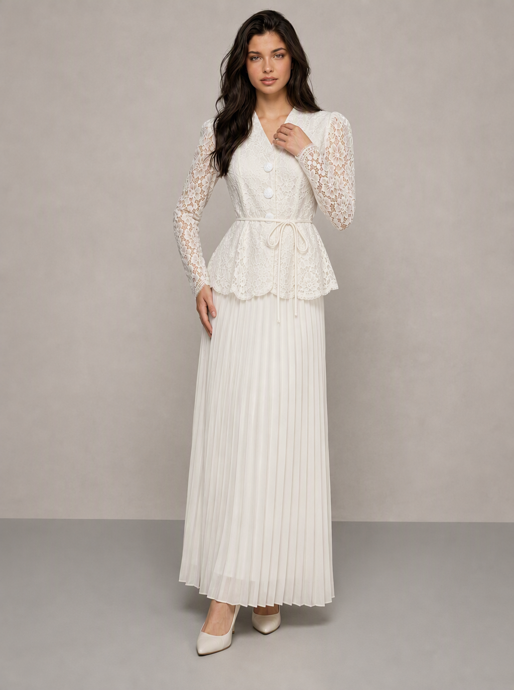 Adelina Pleated Lace Midi Dress