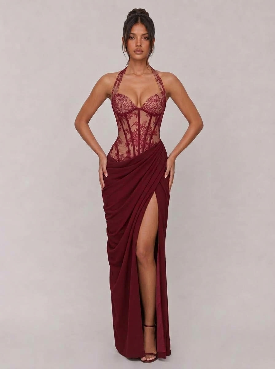 Theresa Lace Corset Slit Maxi Dress