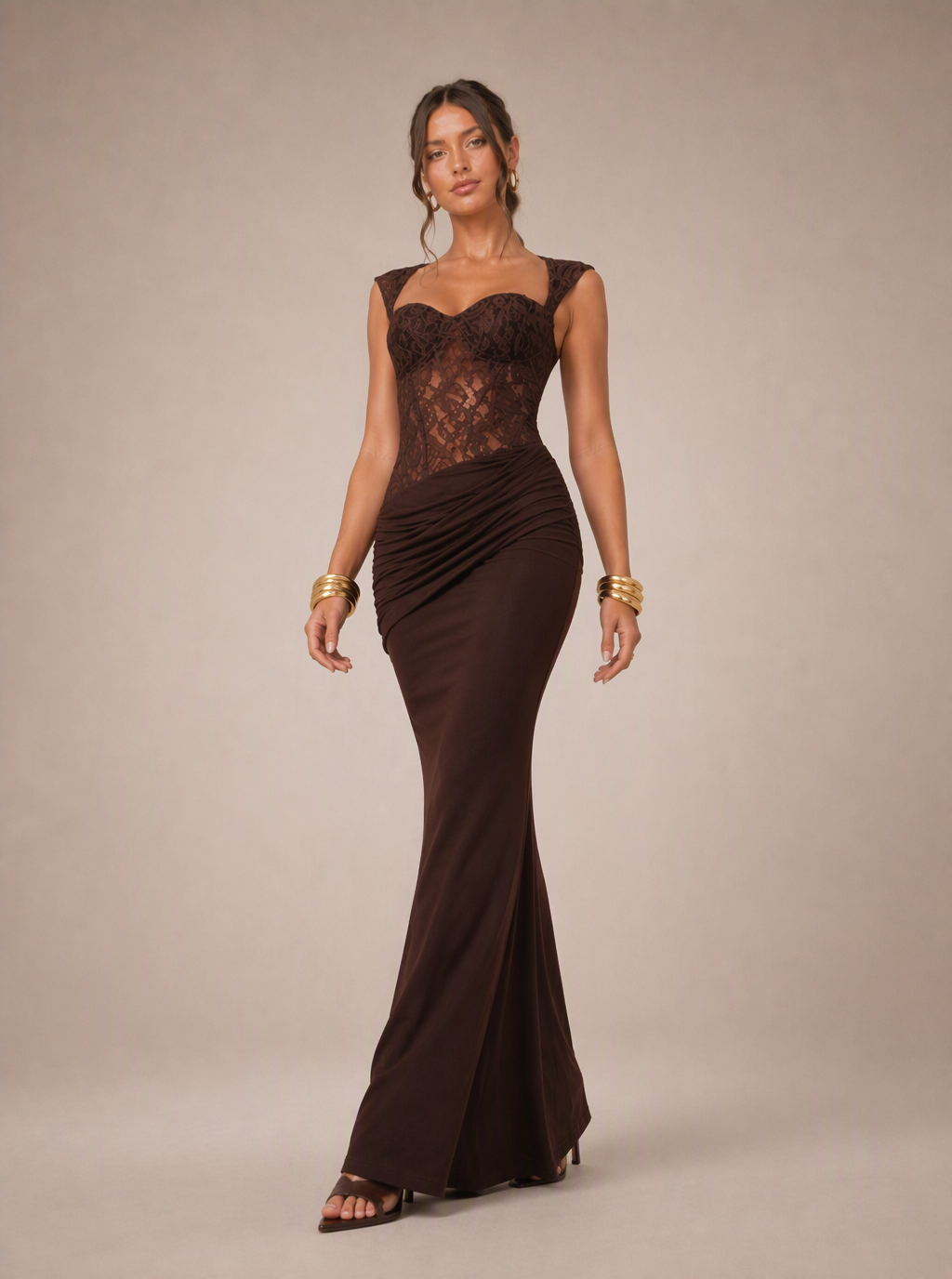 Zephrina Corisande lace-bodice maxi dress in dark brown