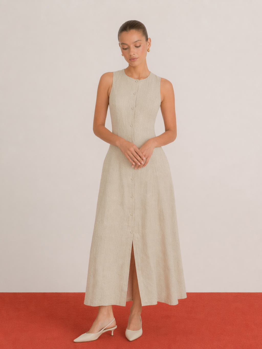 Sleeveless  Button Down Linen Maxi Dress