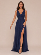 Zephrina Emiliana v-neck pleated maxi dress in navy