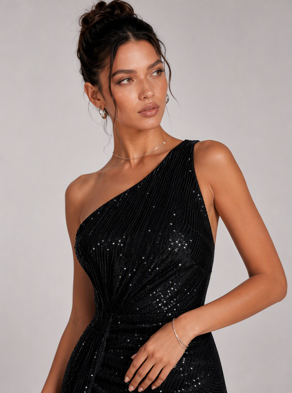 Zephrina Donatella one-shoulder sequin slit maxi dress in black