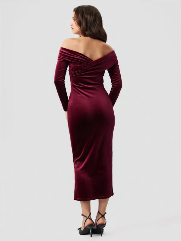 Zephrina Euphemia off-shoulder velvet slit midi dress in burgundy