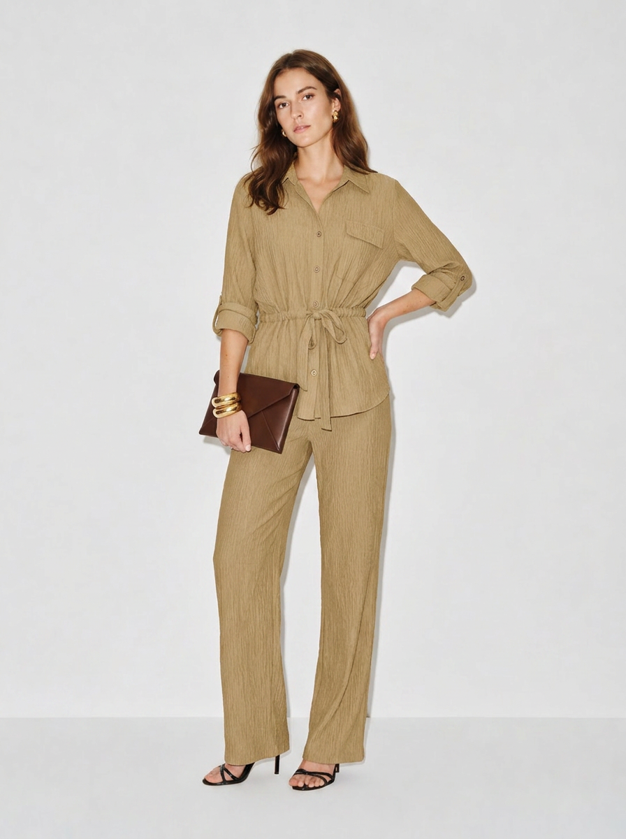 Zephrina Maren textured shirt pant set in khaki