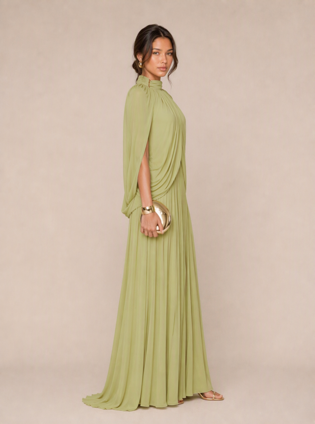 Zephrina Evadne cape-sleeve pleated maxi dress in matcha green