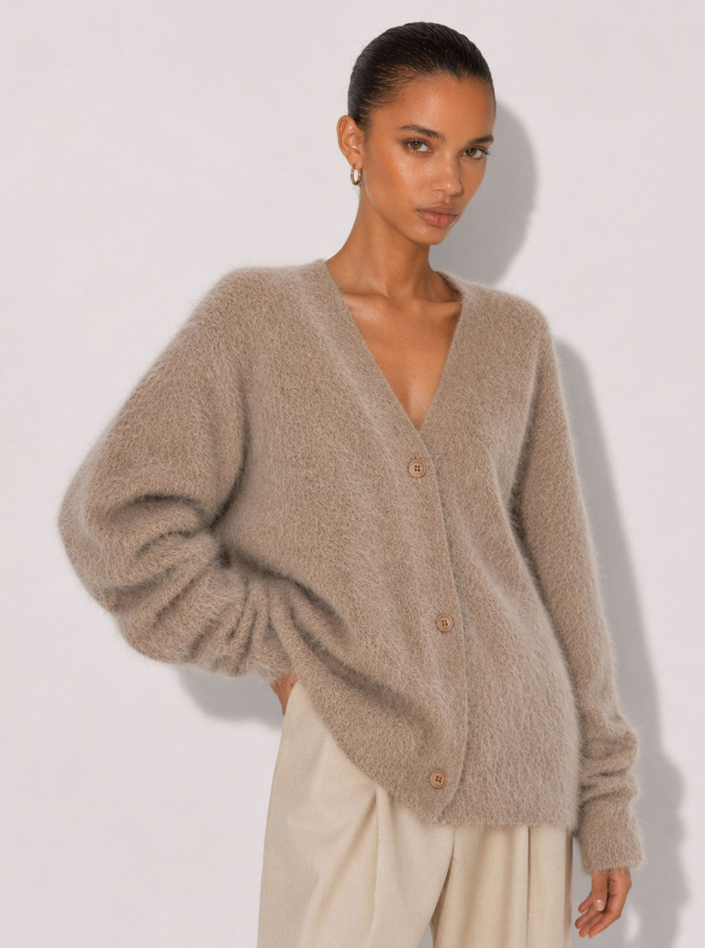 Zephrina Adara plush button cardigan in khaki