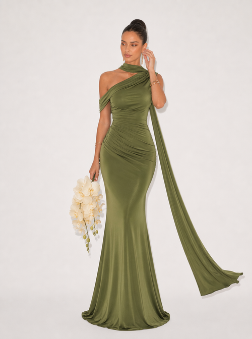 Zephrina one-shoulder scarf-drape satin maxi dress in burgundy