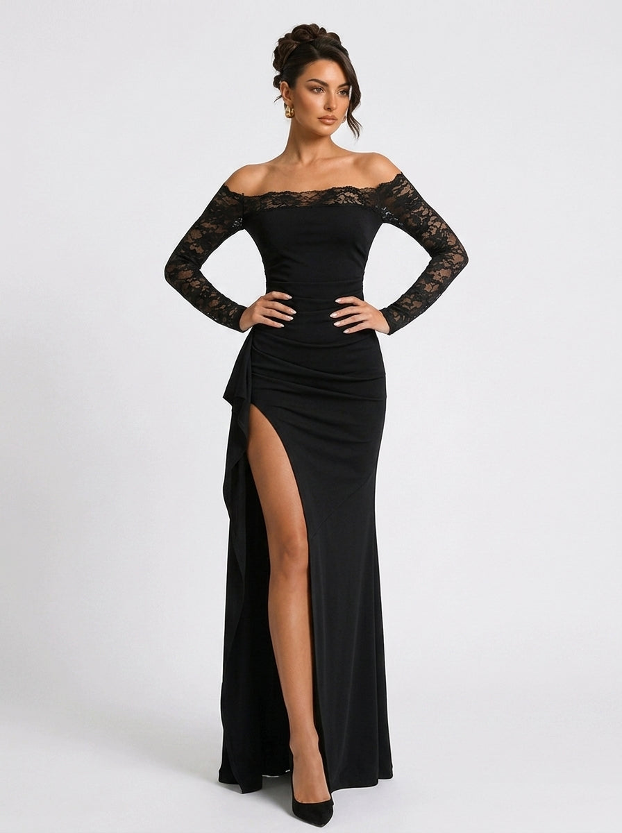 Zephrina Liora off-shoulder lace maxi dress in black