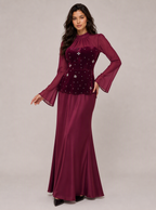 Zephrina Rosalind velvet peplum embellished maxi dress in burgundy