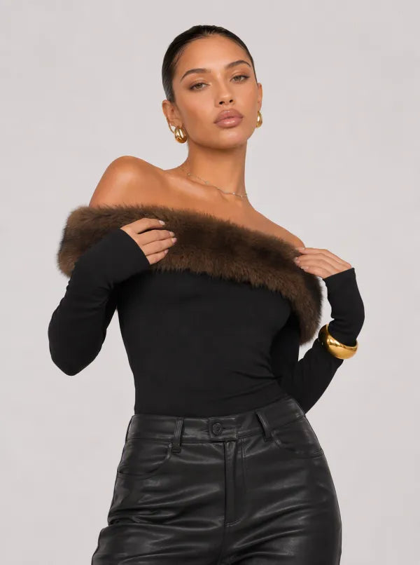 Zephrina Leonora faux-fur off-shoulder knit top in black