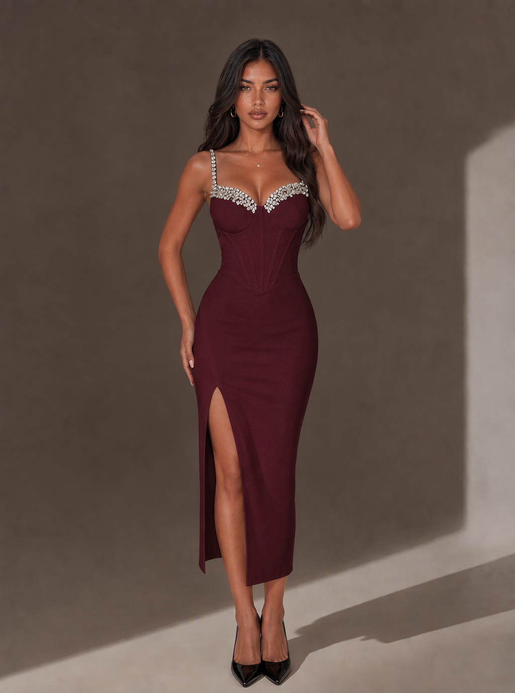 Zephrina Theophila sparkle-trim slit midi dress in black