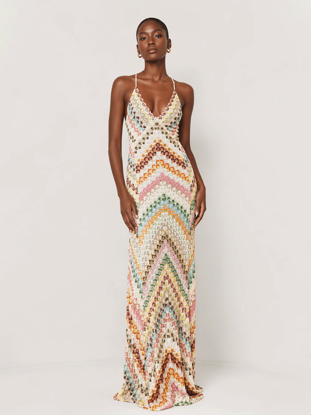 Rainbow Crochet Deep V Maxi Dress