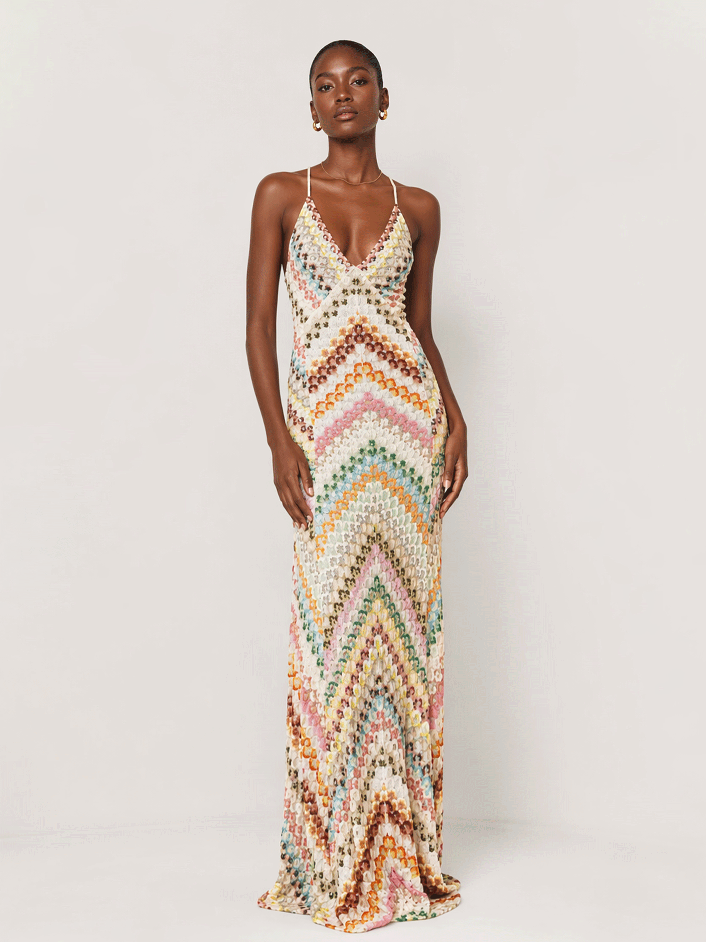 Rainbow Crochet Deep V Maxi Dress
