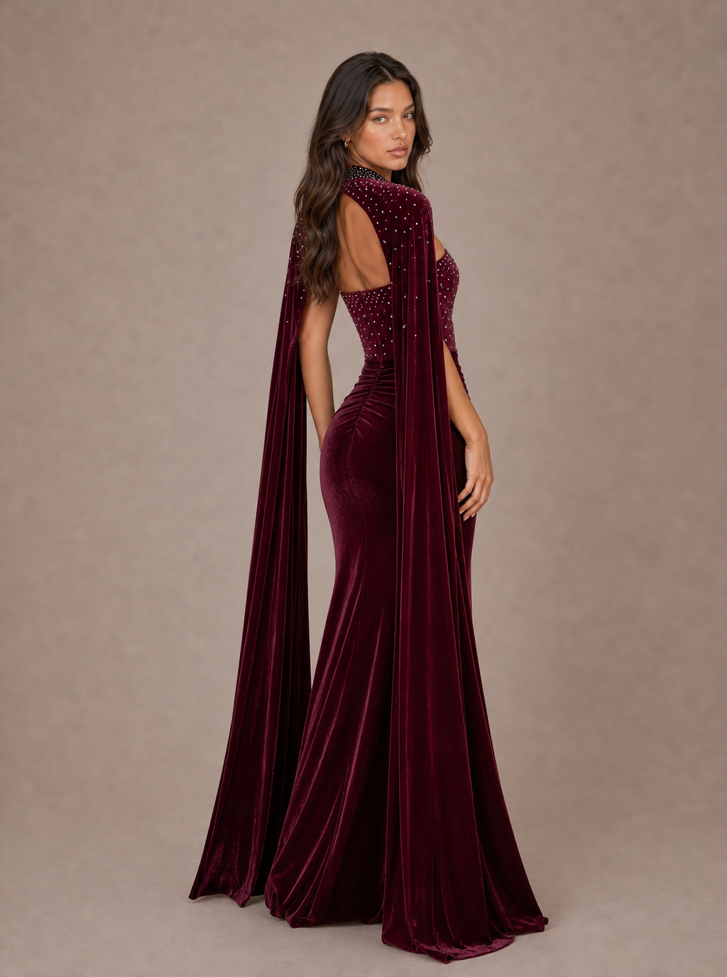 Zephrina Yseult embellished cape velvet maxi dress in burgundy