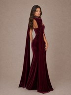 Zephrina Yseult embellished cape velvet maxi dress in burgundy
