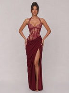 Zephrina Cressida lace corset slit maxi dress in burgundy