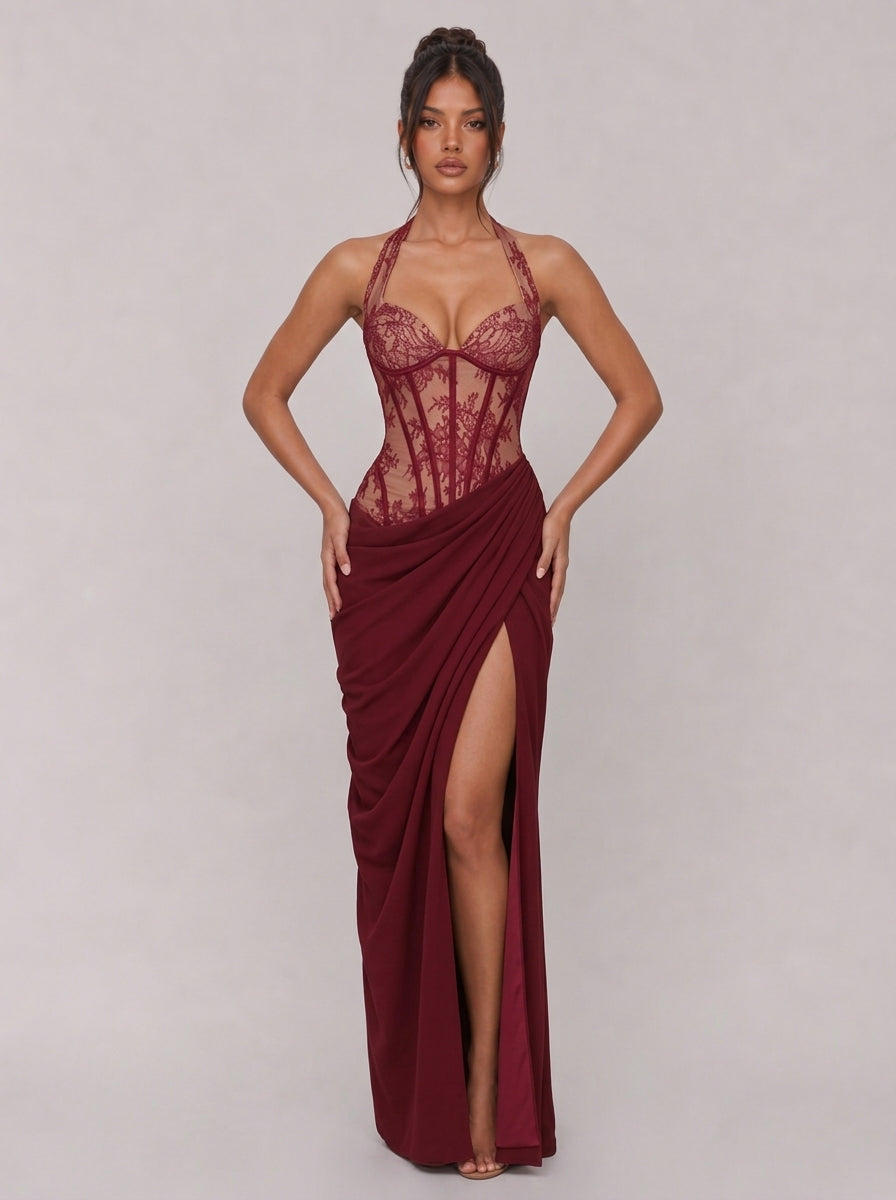 Zephrina Cressida lace corset slit maxi dress in burgundy