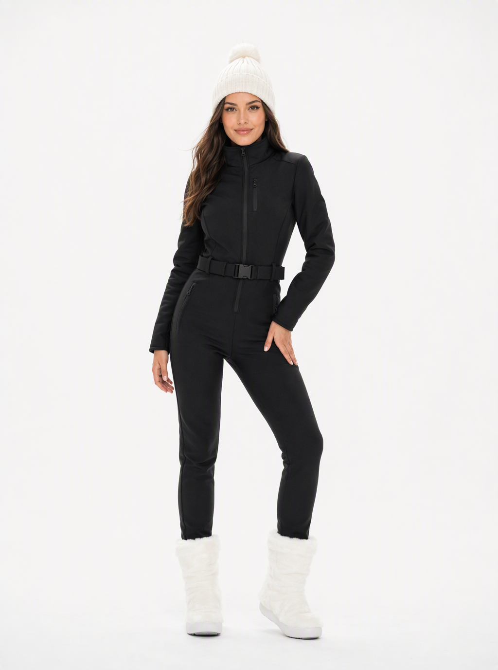 Zephrina Jorunn contrast-piped belted one-piece ski suit in white with black panels