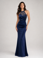 Zephrina Calantha embellished halter satin maxi dress in navy