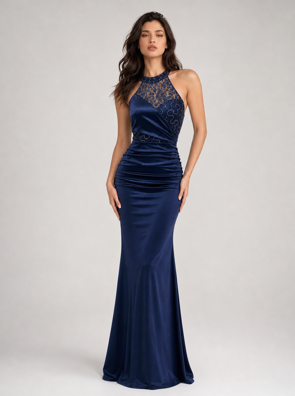 Zephrina Calantha embellished halter satin maxi dress in navy