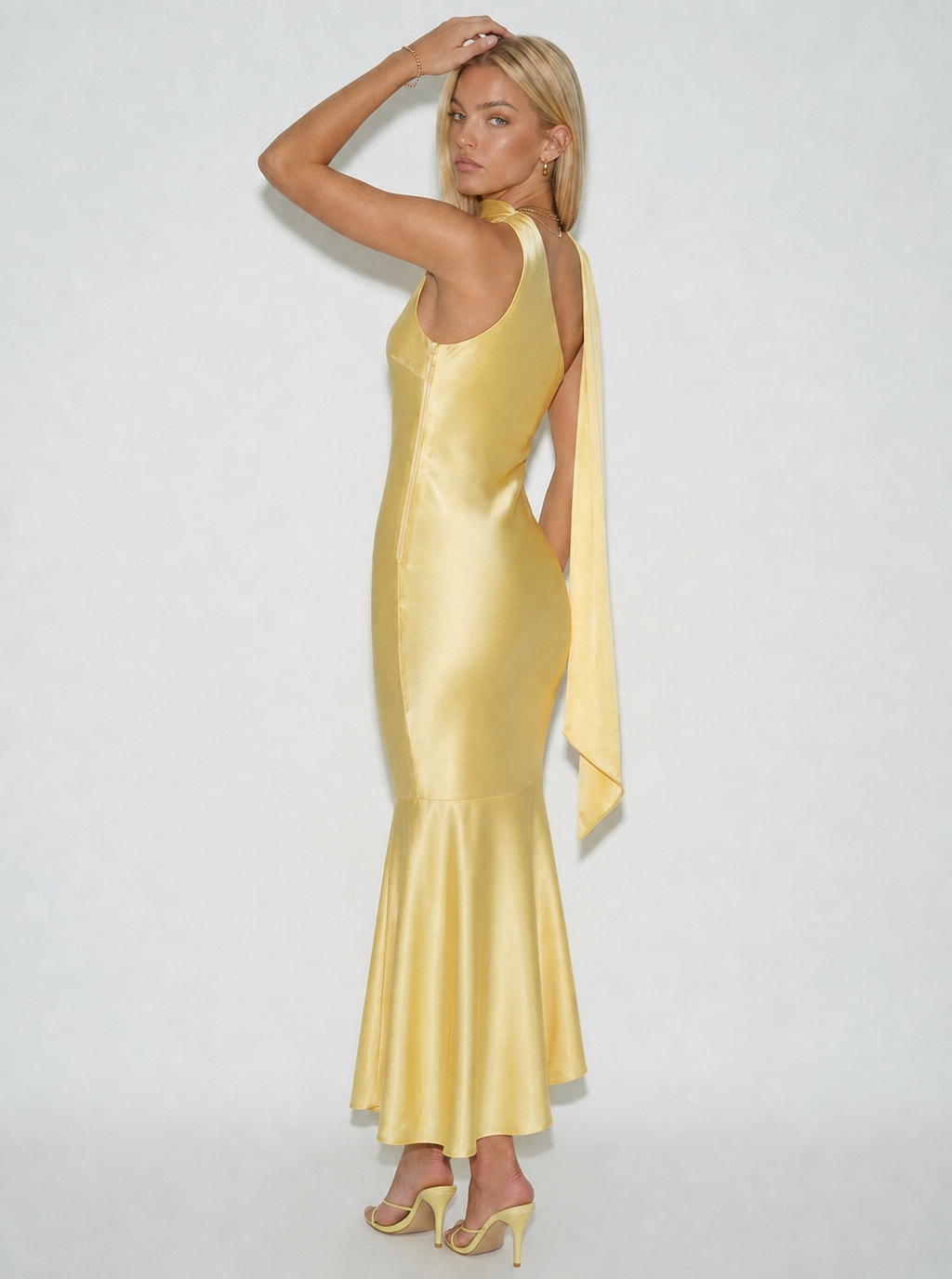 Yellow Satin One Shoulder Midi Mermaid Dress