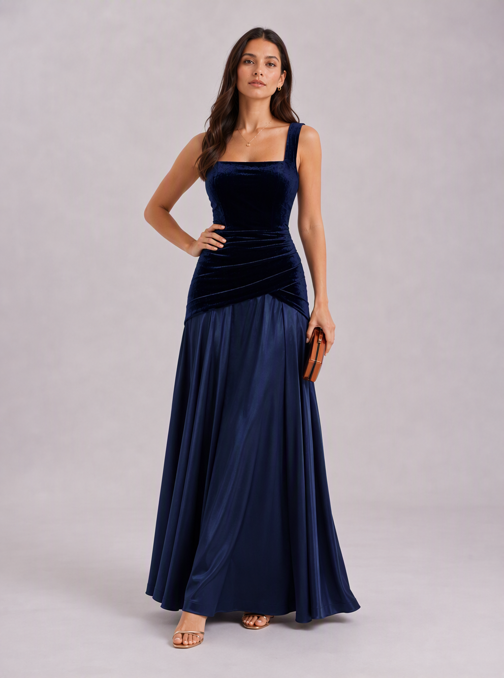 Zephrina Felicie square-neck velvet-bodice satin maxi dress in navy