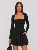 Zephrina Amelia square neck knit mini dress in black