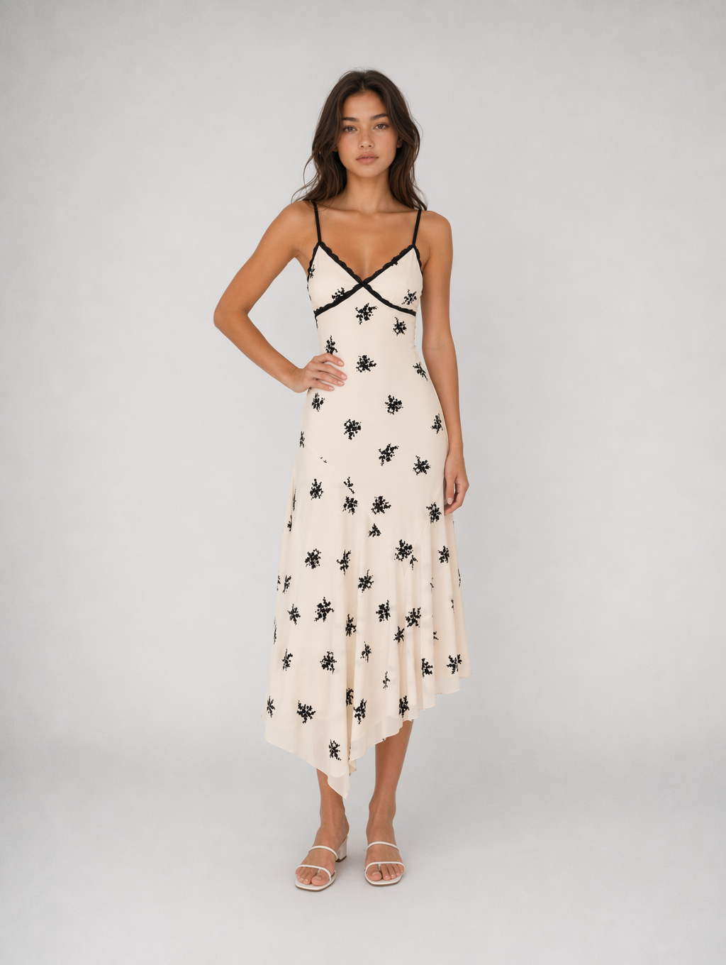 Cream Base Black Floral Print Slip Midi Dress