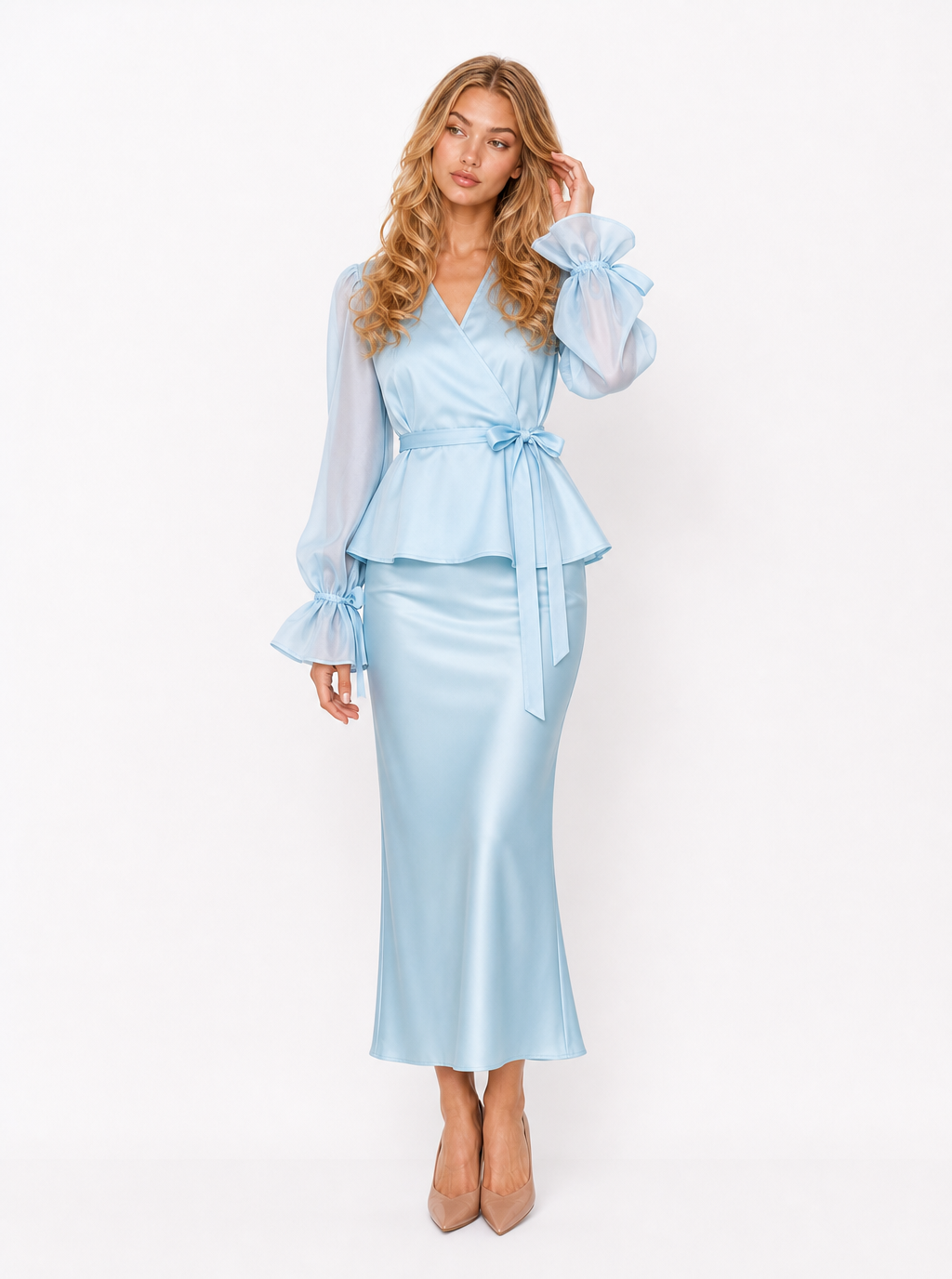 Zephrina Mavis bow sleeve satin set in brown