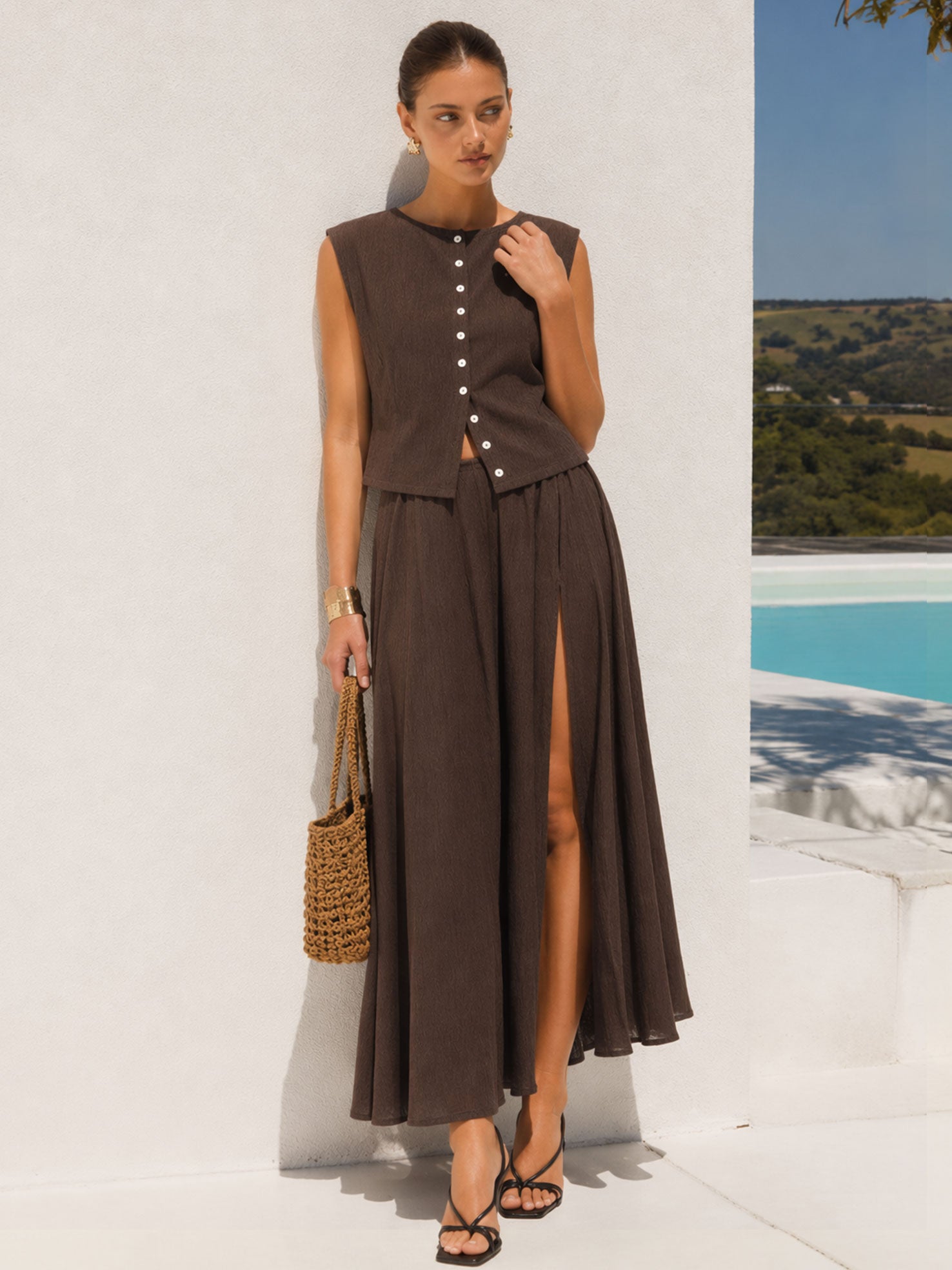 Brown Sleeveless Two-Piece Set – Shirt & Maxi Skirt