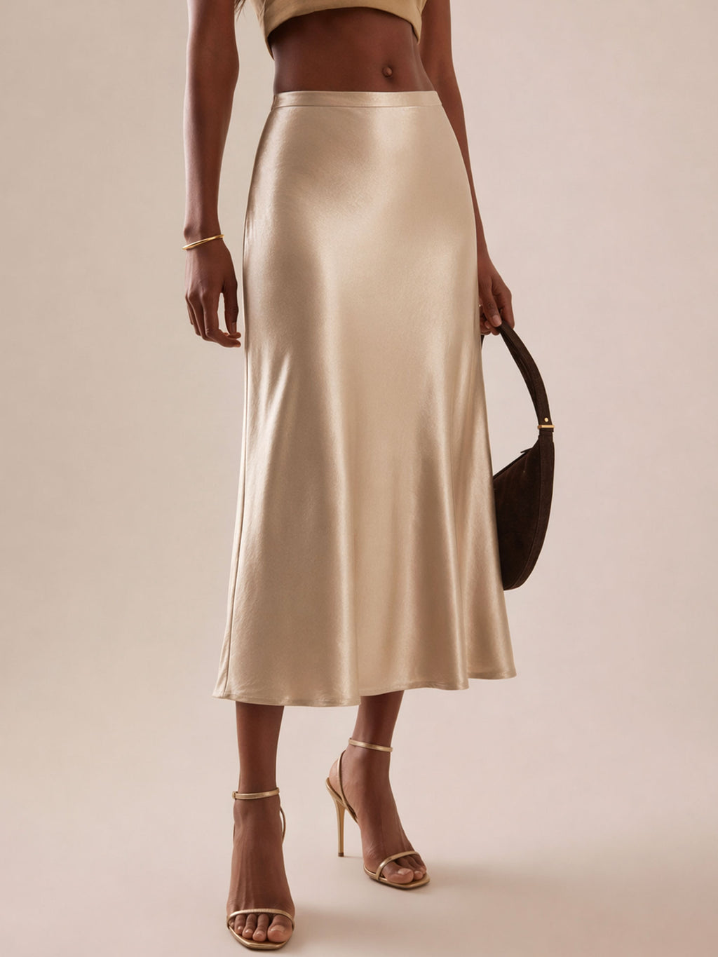 High-Waisted Satin Slip Midi Skirt