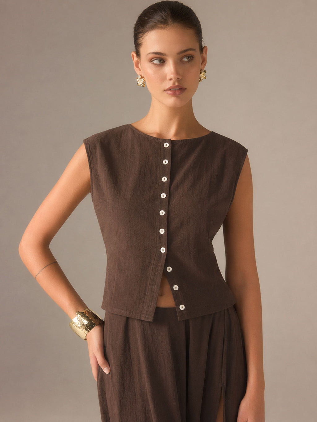 Brown Sleeveless Two-Piece Set – Shirt & Maxi Skirt