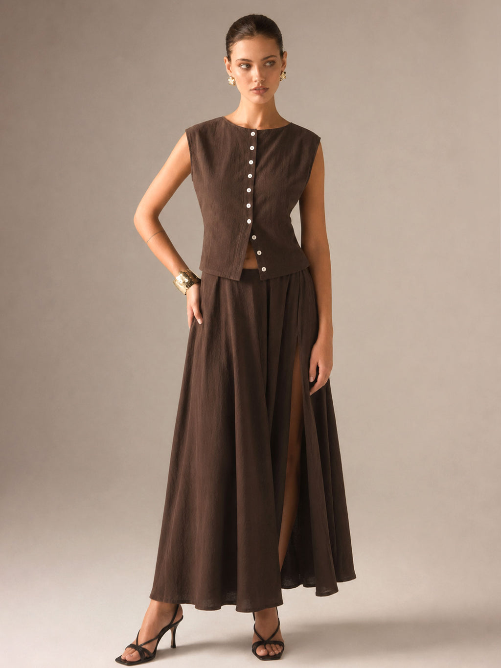 Brown Sleeveless Two-Piece Set – Shirt & Maxi Skirt