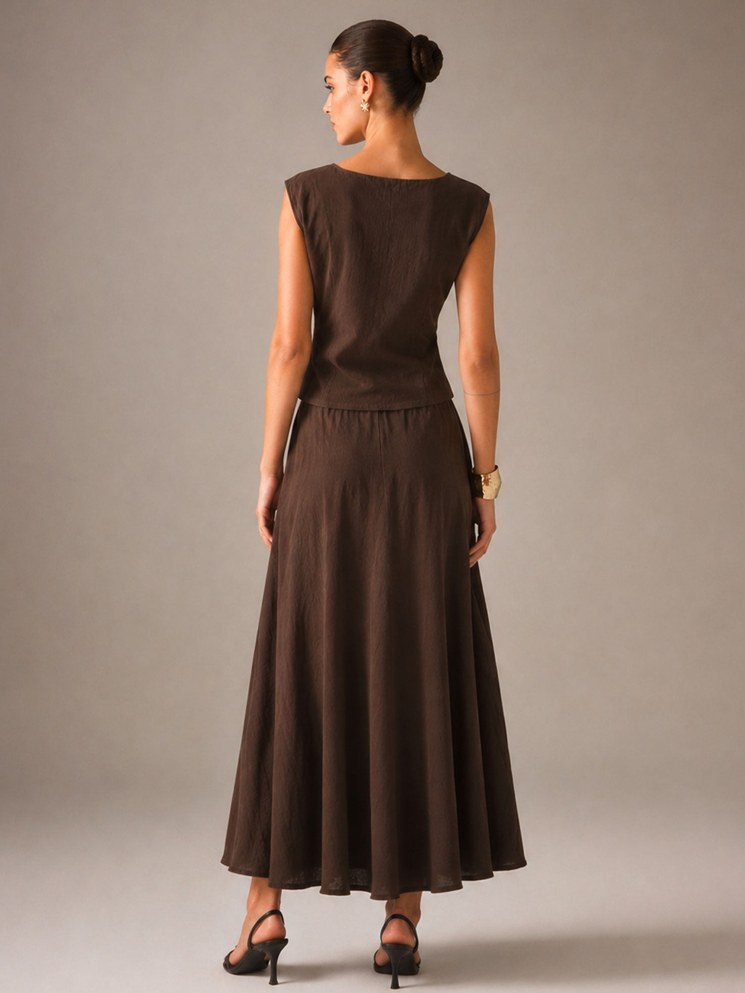 Brown Sleeveless Two-Piece Set – Shirt & Maxi Skirt