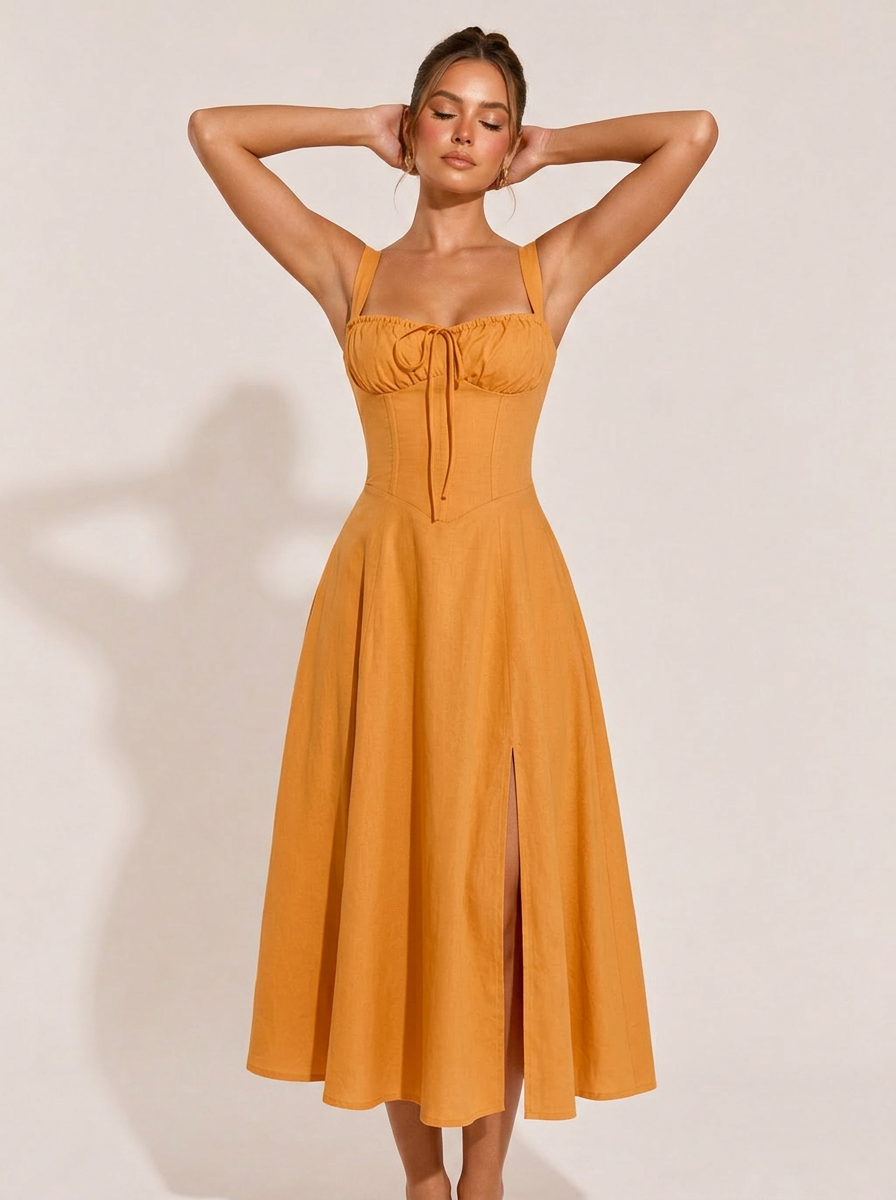 Olivia Midi-Kleid mit Raffung und eckigem Ausschnitt