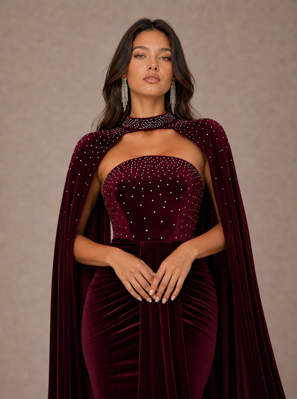 Zephrina Yseult embellished cape velvet maxi dress in burgundy