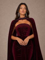 Zephrina Yseult embellished cape velvet maxi dress in burgundy