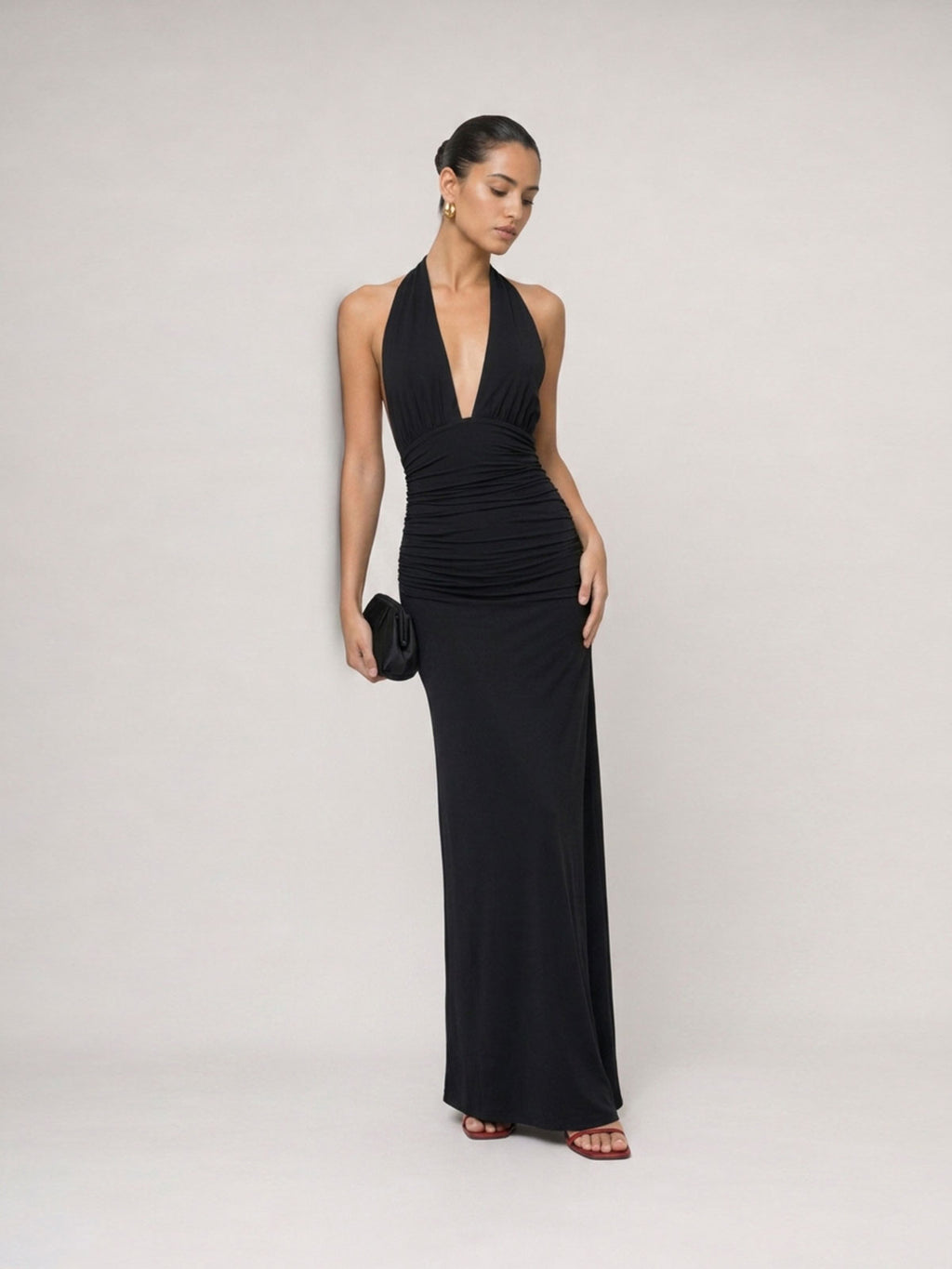 Open-Back Ruched Halter Maxi Dress