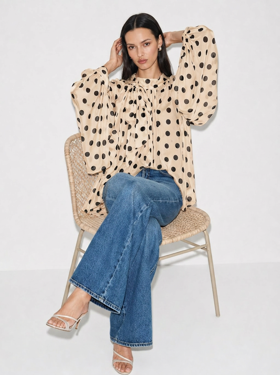 Camille Polka-Dot Oberteil mit Bindekragen
