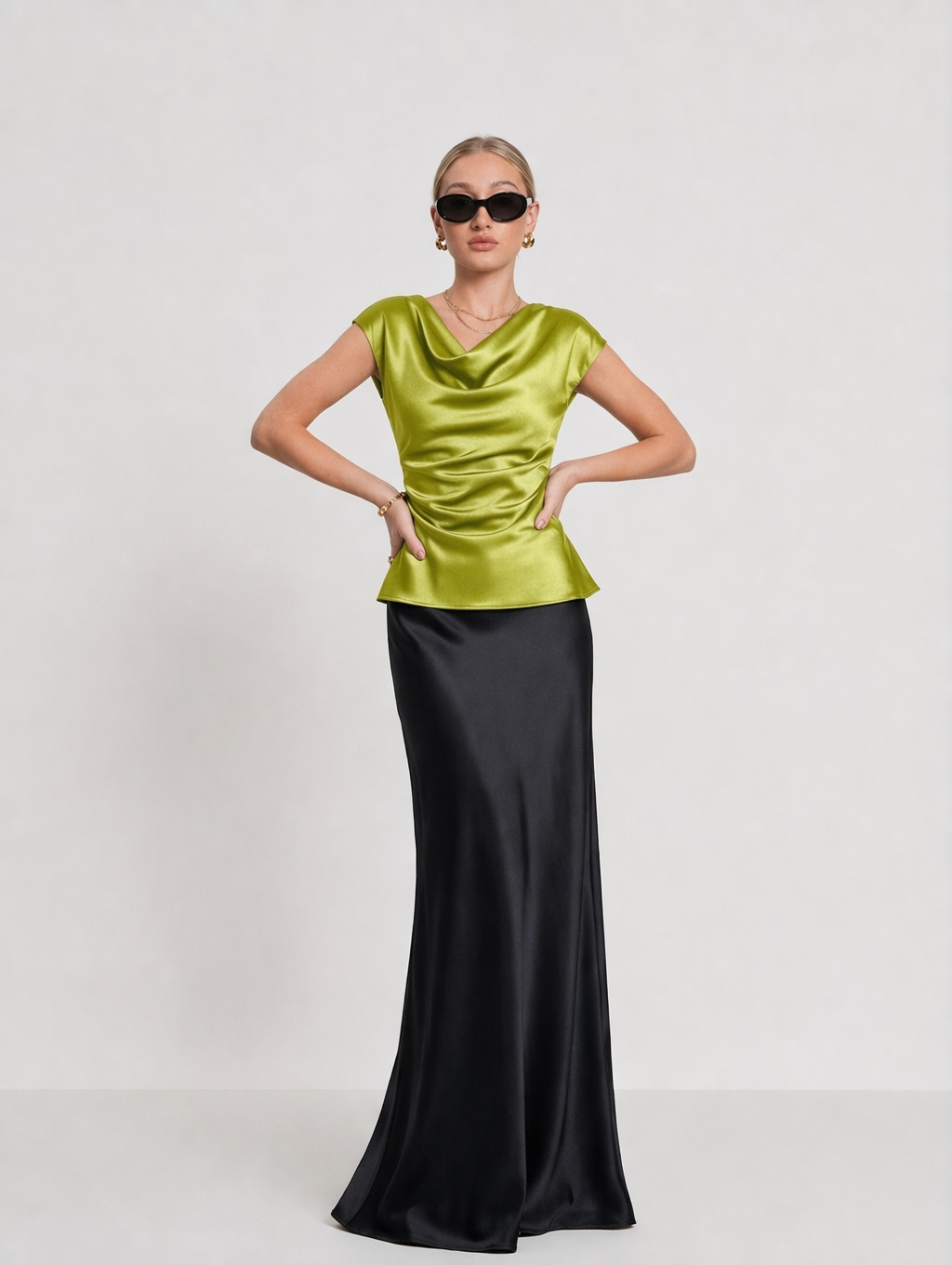 Elegant Acetate Satin Cowl Neck Top + Maxi Skirt Set