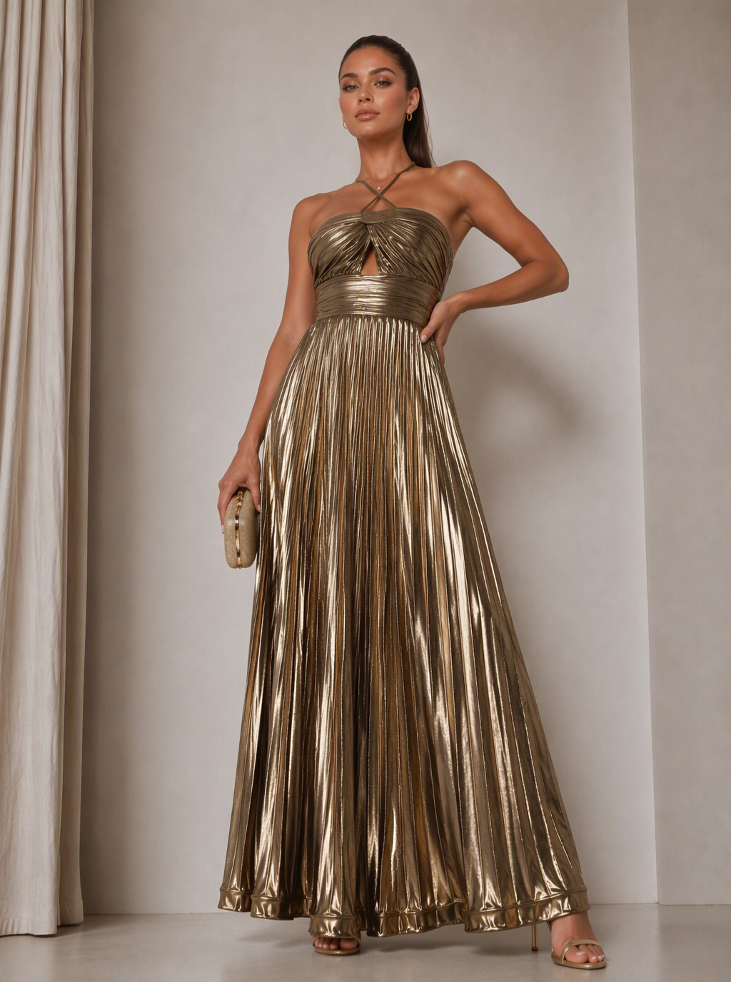 Zephrina Clarimond halter metallic pleated maxi dress in gold