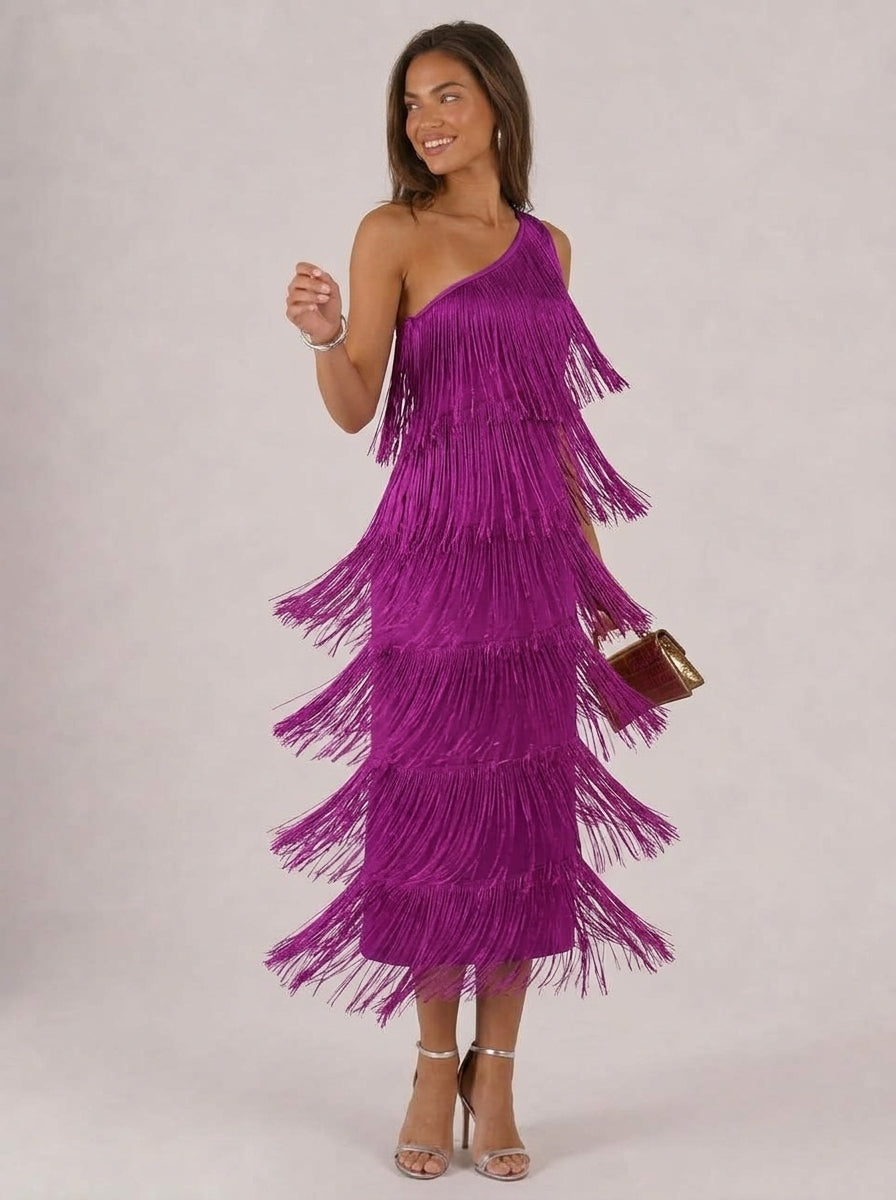 Zephrina Orielle one-shoulder fringe midi dress in royal blue