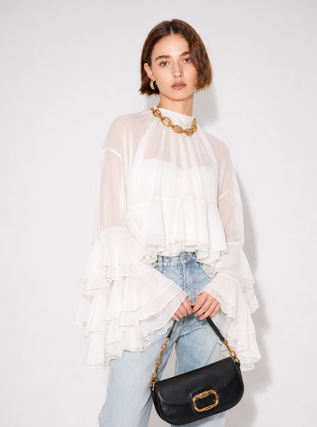 Zephrina Evelise sheer ruffle chiffon top in white