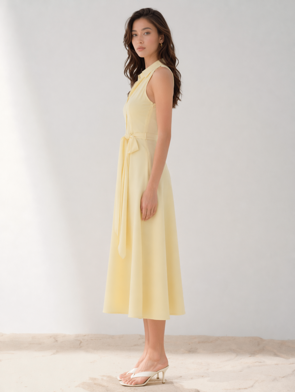 Yellow Collared Halter Tie Waist A Line Midi Shirt Dress