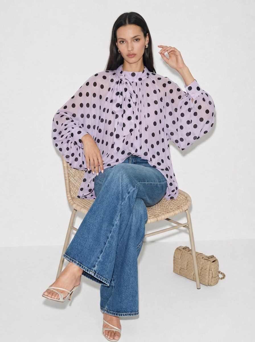 Camille Polka-Dot Oberteil mit Bindekragen
