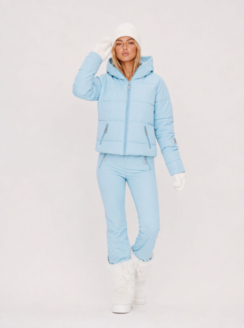 Zephrina Ingunn pastel quilted ski set with hooded jacket and flared pants in blue