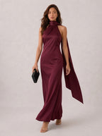 Zephrina Quirina scarf satin maxi dress in burgundy