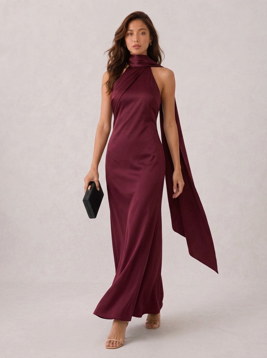 Zephrina Quirina scarf satin maxi dress in burgundy
