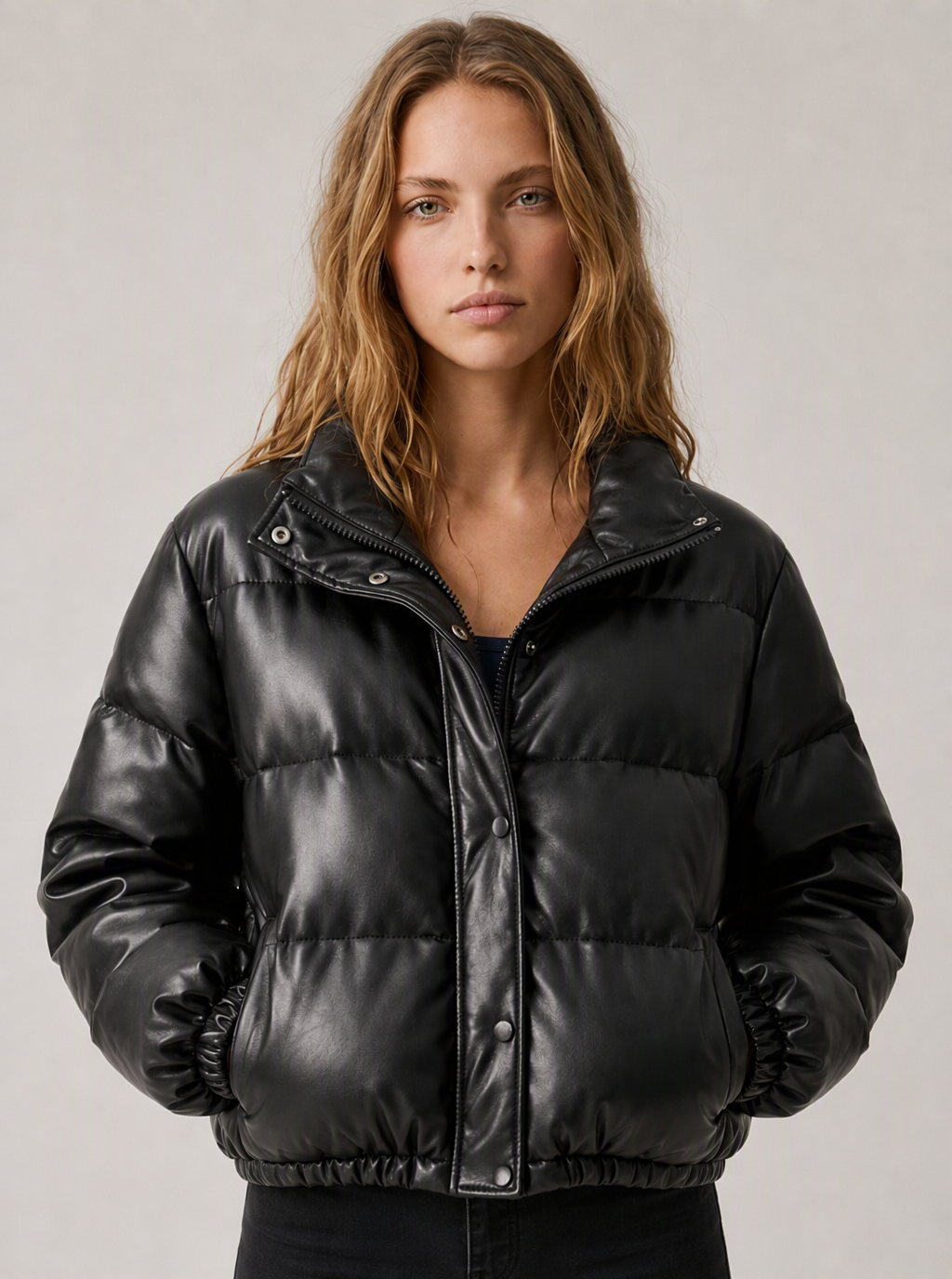 Zephrina Anneliese faux leather quilted puffer jacket in black