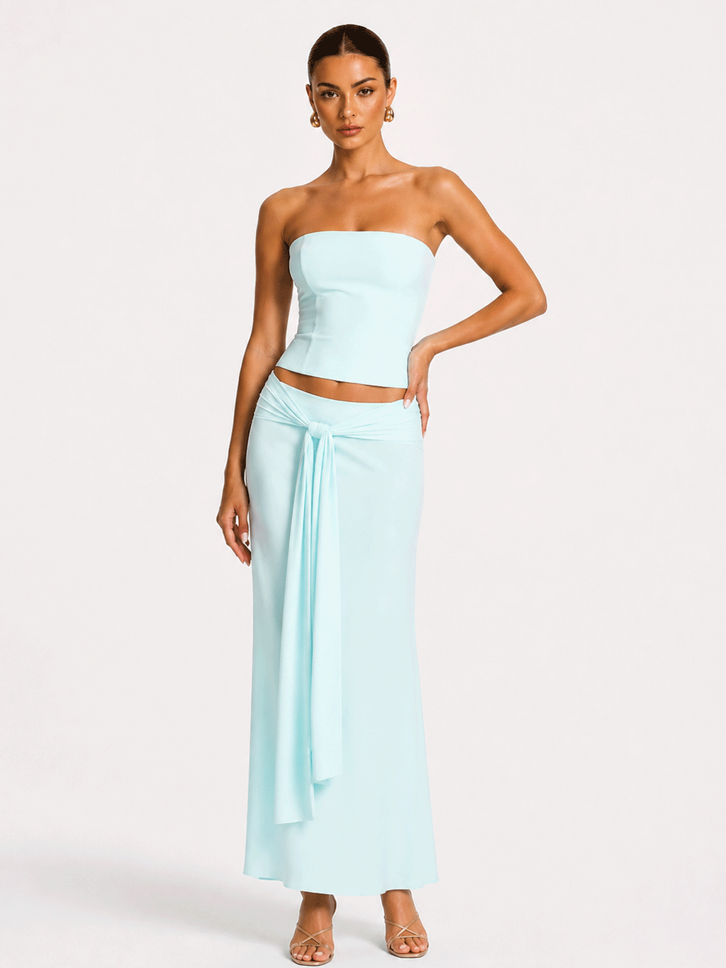 Satin Strapless Bodycon Two-piece Midi Skirt Set